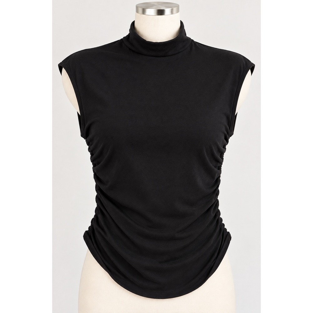 Quince Stretch Cotton Jersey Sleeveless Mock Neck Ruched Top Black M